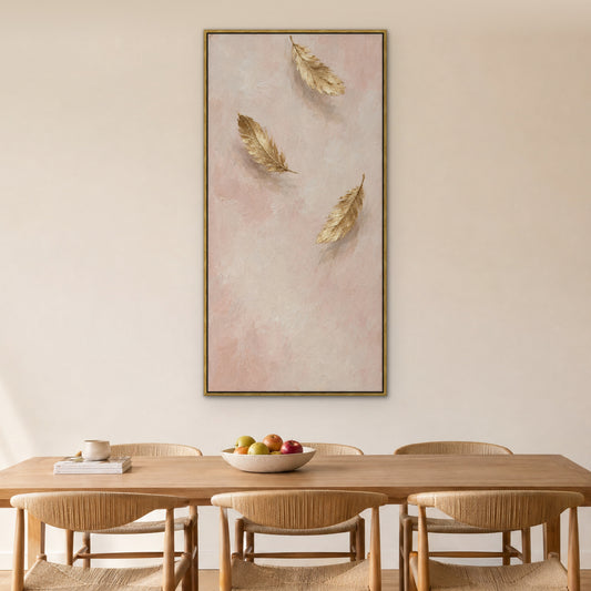 Gilded Plume, gold botanical hand-painted canvas wall art in a dining room – Gallery 23