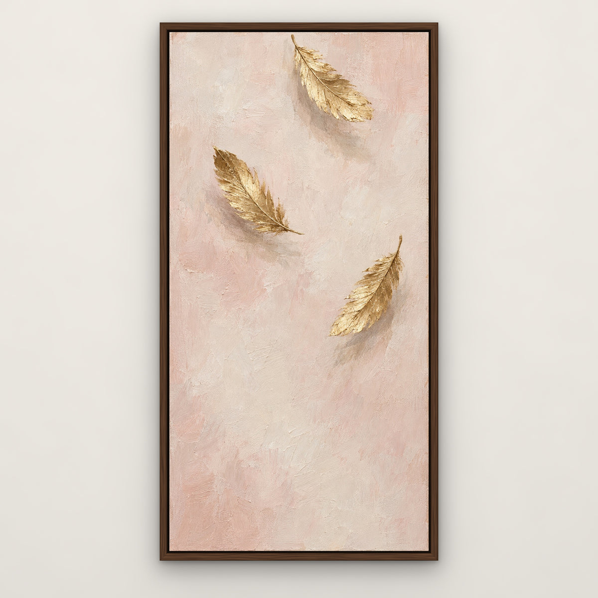 Gilded Plume, gold botanical hand-painted canvas wall art in a slim walnut float frame – Gallery 23