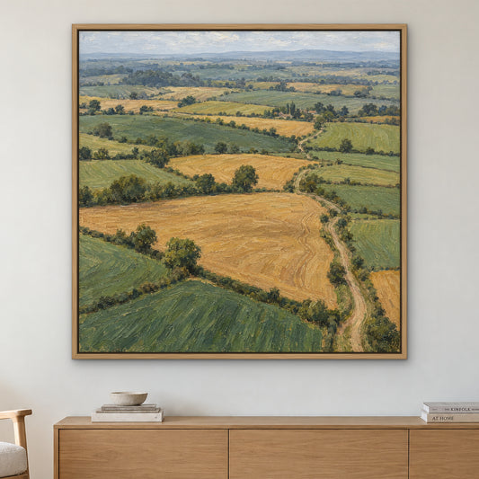 Harvest Patchwork Fields, green landscape hand-painted canvas wall art in a living room – Gallery 23