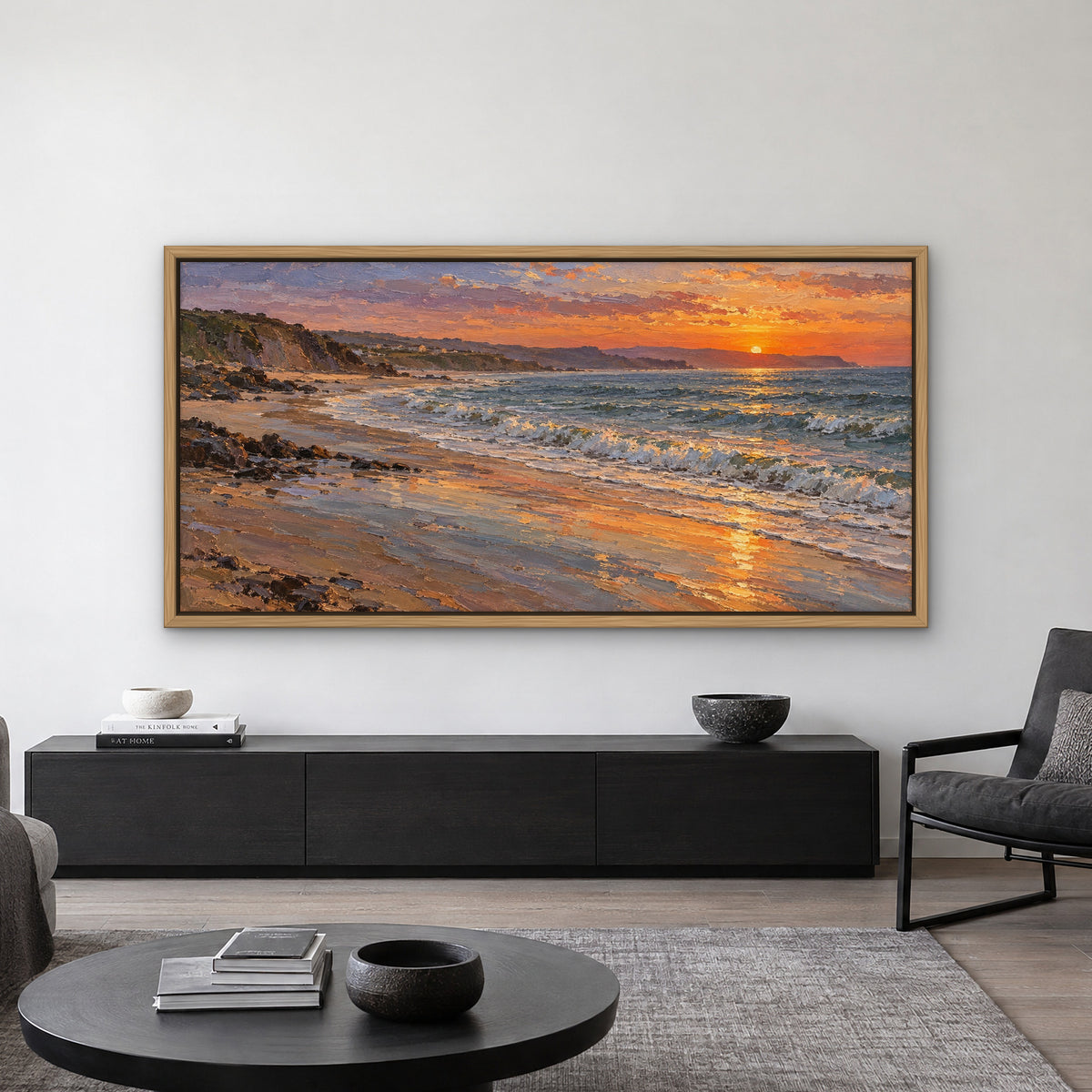 Golden Shoreline Dusk, blue seascape hand-painted canvas wall art in a living room – Gallery 23