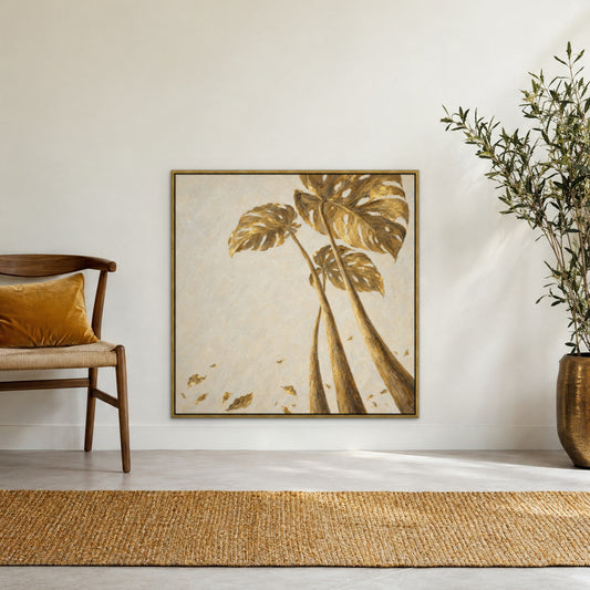 Gilded Monstera, gold botanical hand-painted canvas wall art in a hallway – Gallery 23