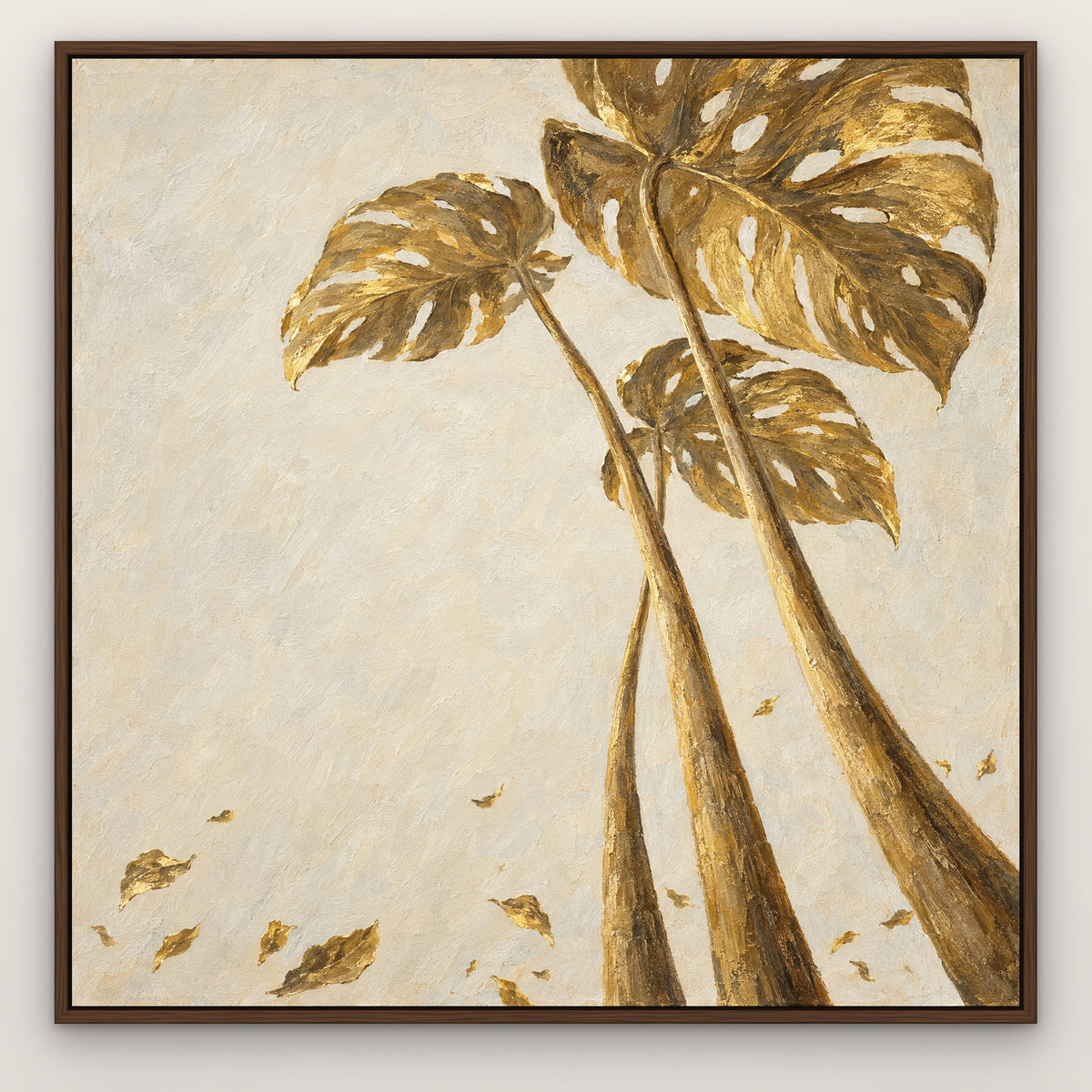 Gilded Monstera, gold botanical hand-painted canvas wall art in a slim walnut float frame – Gallery 23
