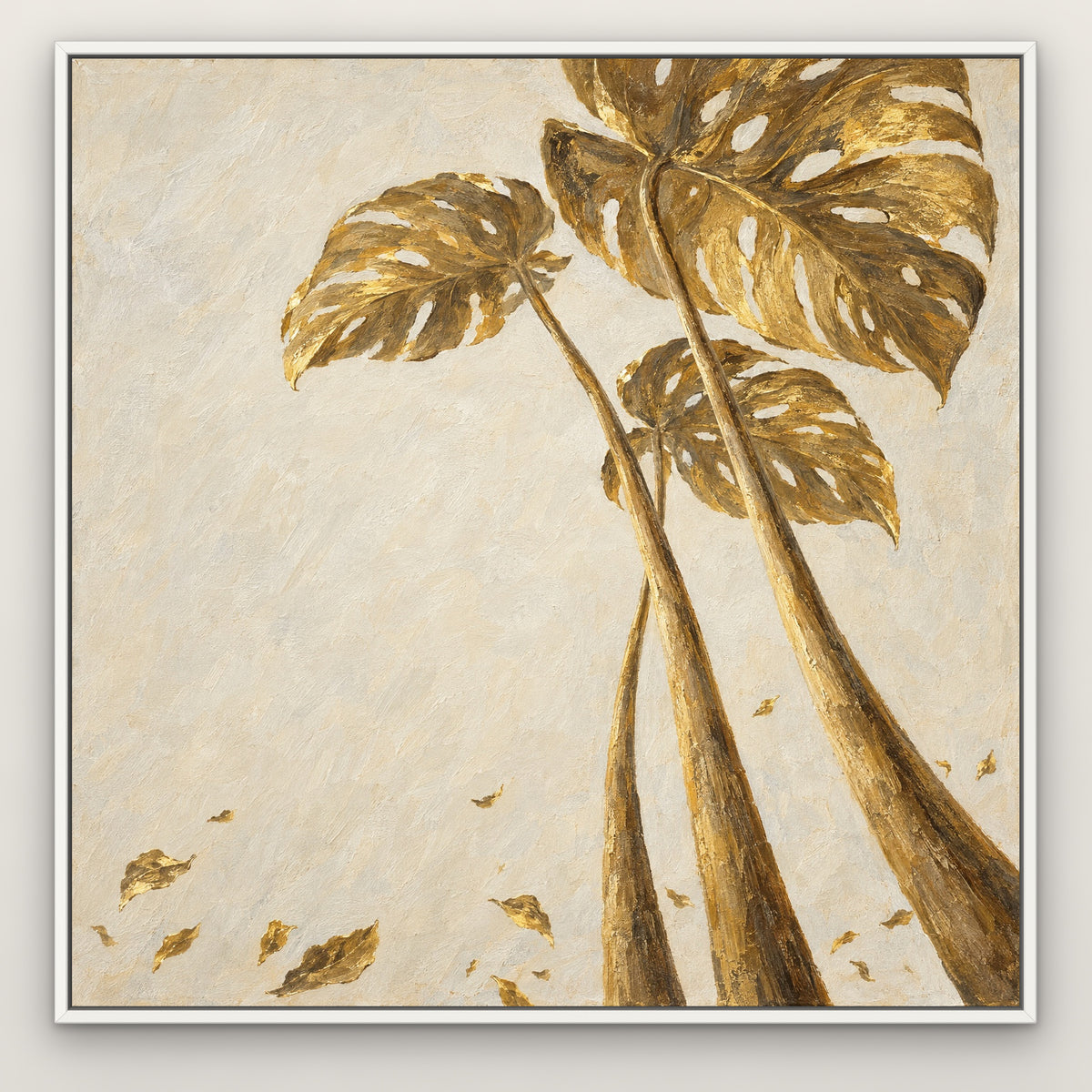 Gilded Monstera, gold botanical hand-painted canvas wall art in a slim white float frame – Gallery 23