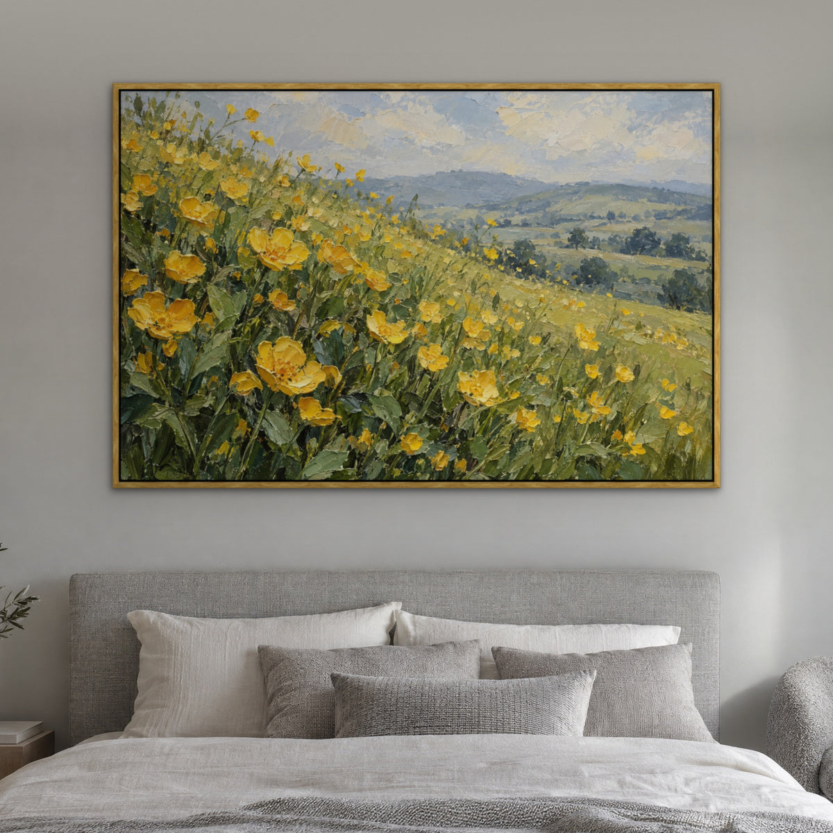 Buttercup Meadow, yellow floral hand-painted canvas wall art in a bedroom – Gallery 23
