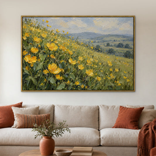 Buttercup Meadow, yellow floral hand-painted canvas wall art in a living room – Gallery 23