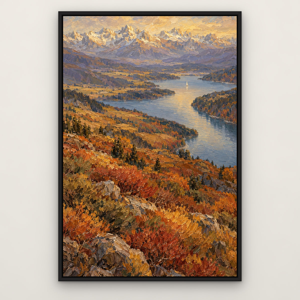 Gilded Alps and Sail, blue mountain landscape hand-painted canvas wall art in a slim black float frame – Gallery 23