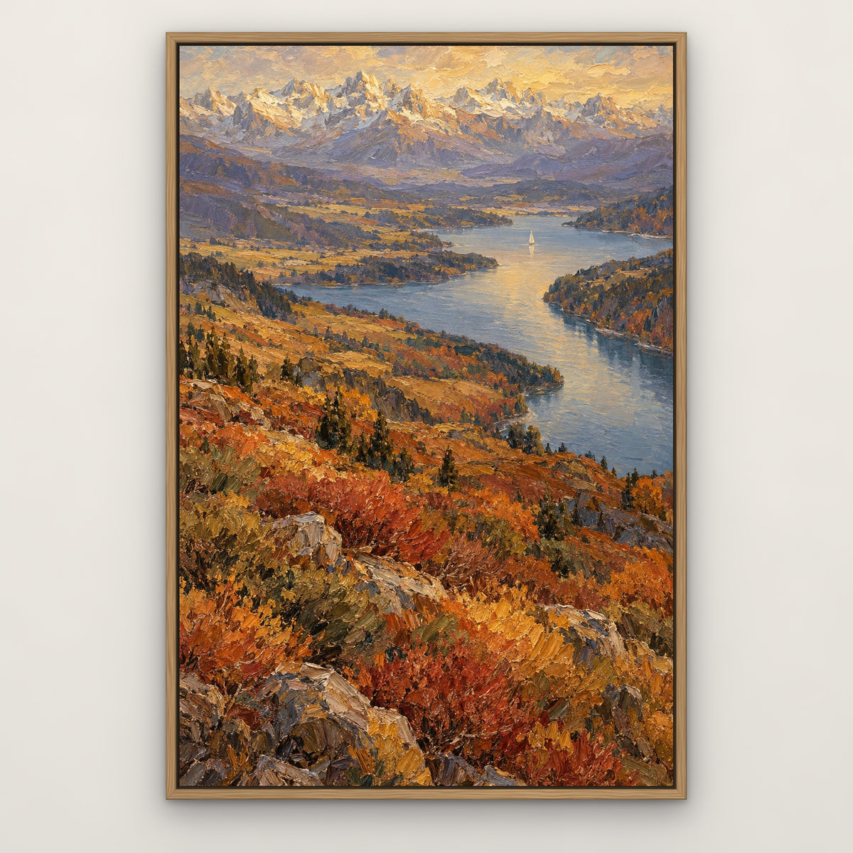 Gilded Alps and Sail, blue mountain landscape hand-painted canvas wall art in a slim oak float frame – Gallery 23