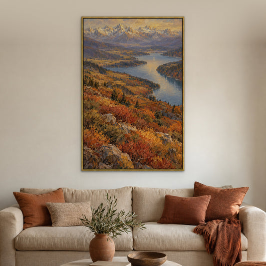 Gilded Alps and Sail, blue mountain landscape hand-painted canvas wall art in a living room – Gallery 23