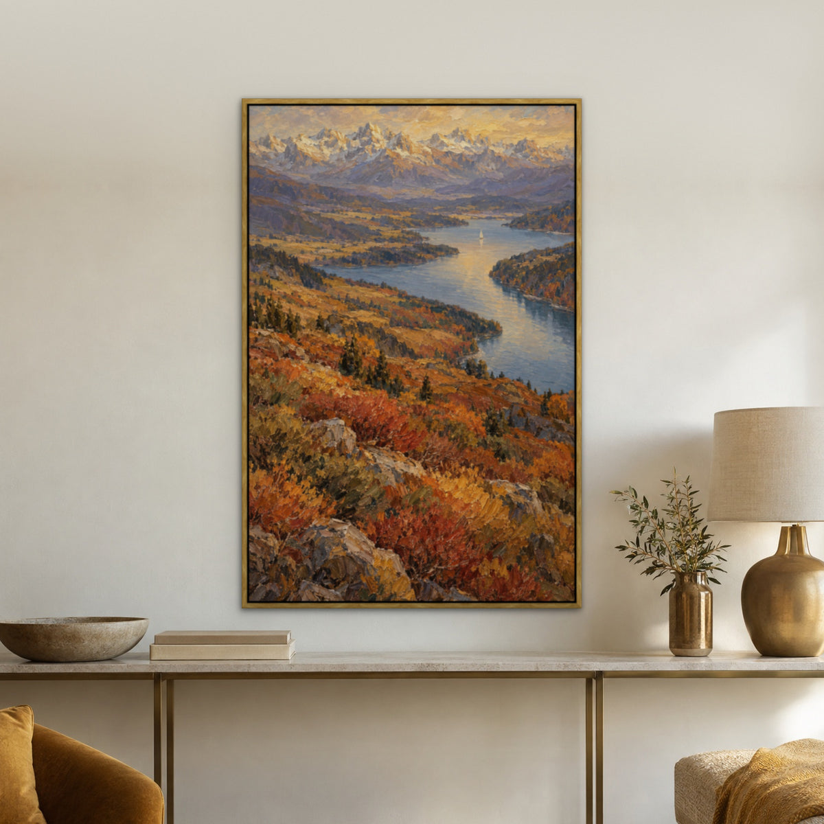 Gilded Alps and Sail, blue mountain landscape hand-painted canvas wall art in a hallway – Gallery 23