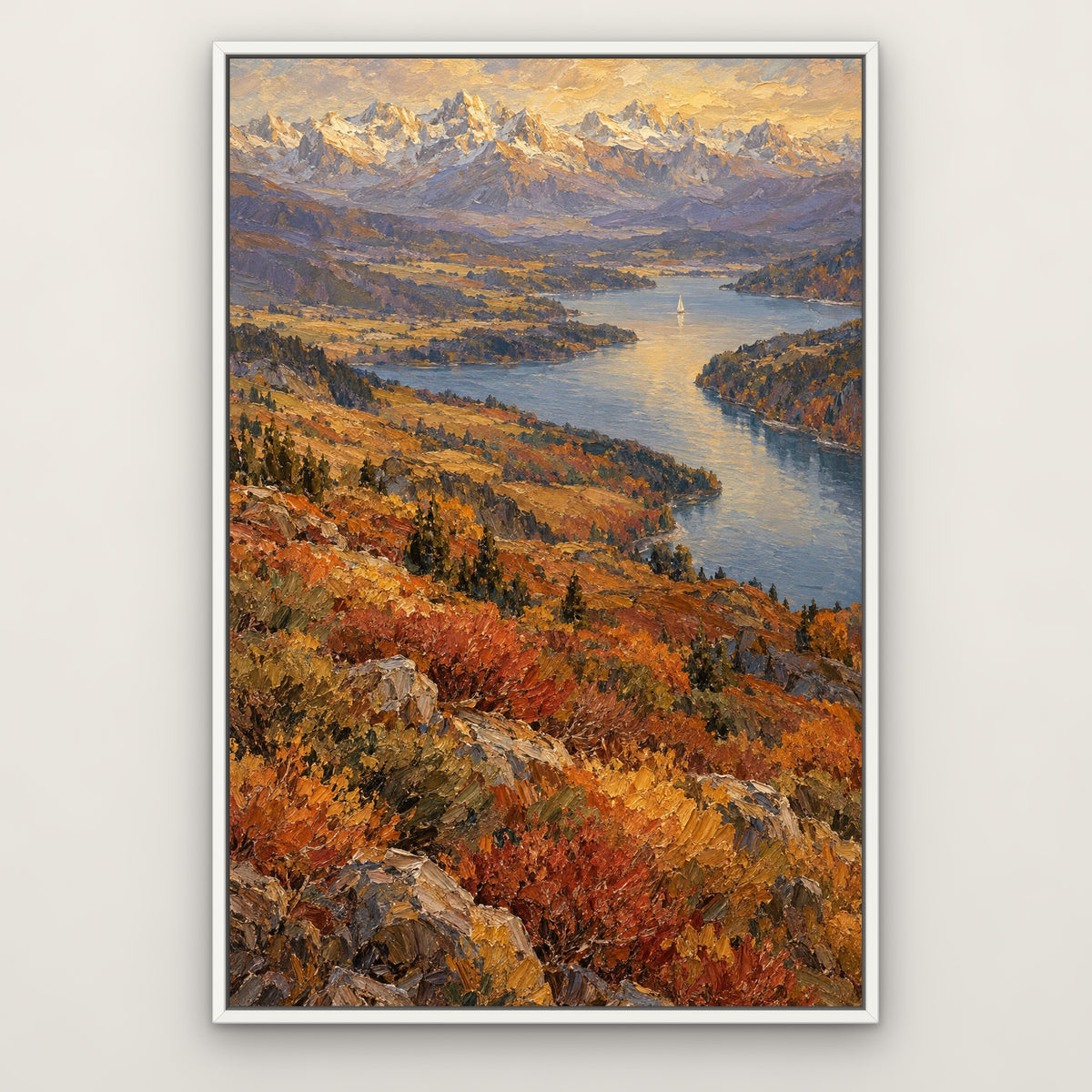 Gilded Alps and Sail, blue mountain landscape hand-painted canvas wall art in a slim white float frame – Gallery 23