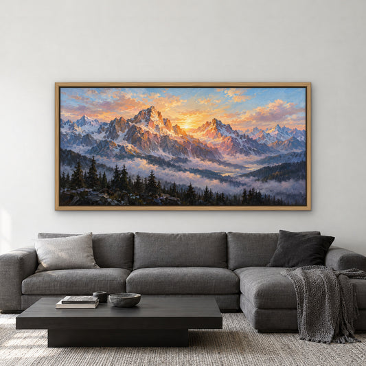 Alpenglow Summit, blue mountain landscape hand-painted canvas wall art in a living room – Gallery 23