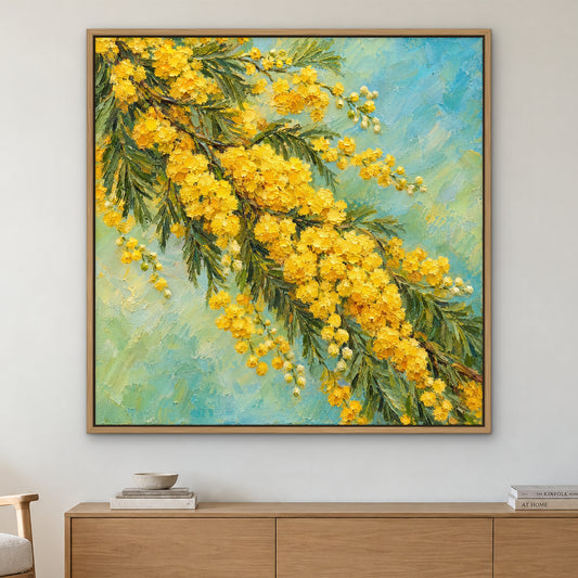 Mimosa Cascade, yellow floral hand-painted canvas wall art in a living room – Gallery 23