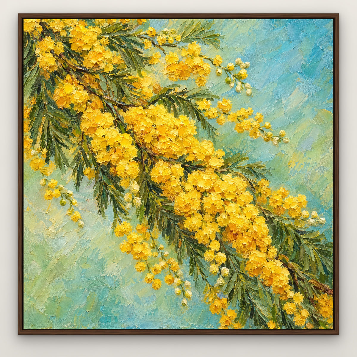 Mimosa Cascade, yellow floral hand-painted canvas wall art in a slim walnut float frame – Gallery 23