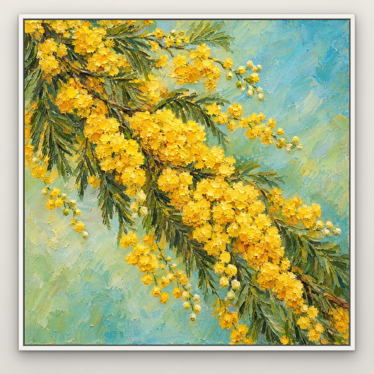 Mimosa Cascade, yellow floral hand-painted canvas wall art in a slim white float frame – Gallery 23
