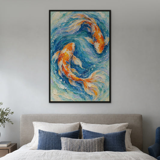 Golden Koi Swirl, blue animal hand-painted canvas wall art in a bedroom – Gallery 23