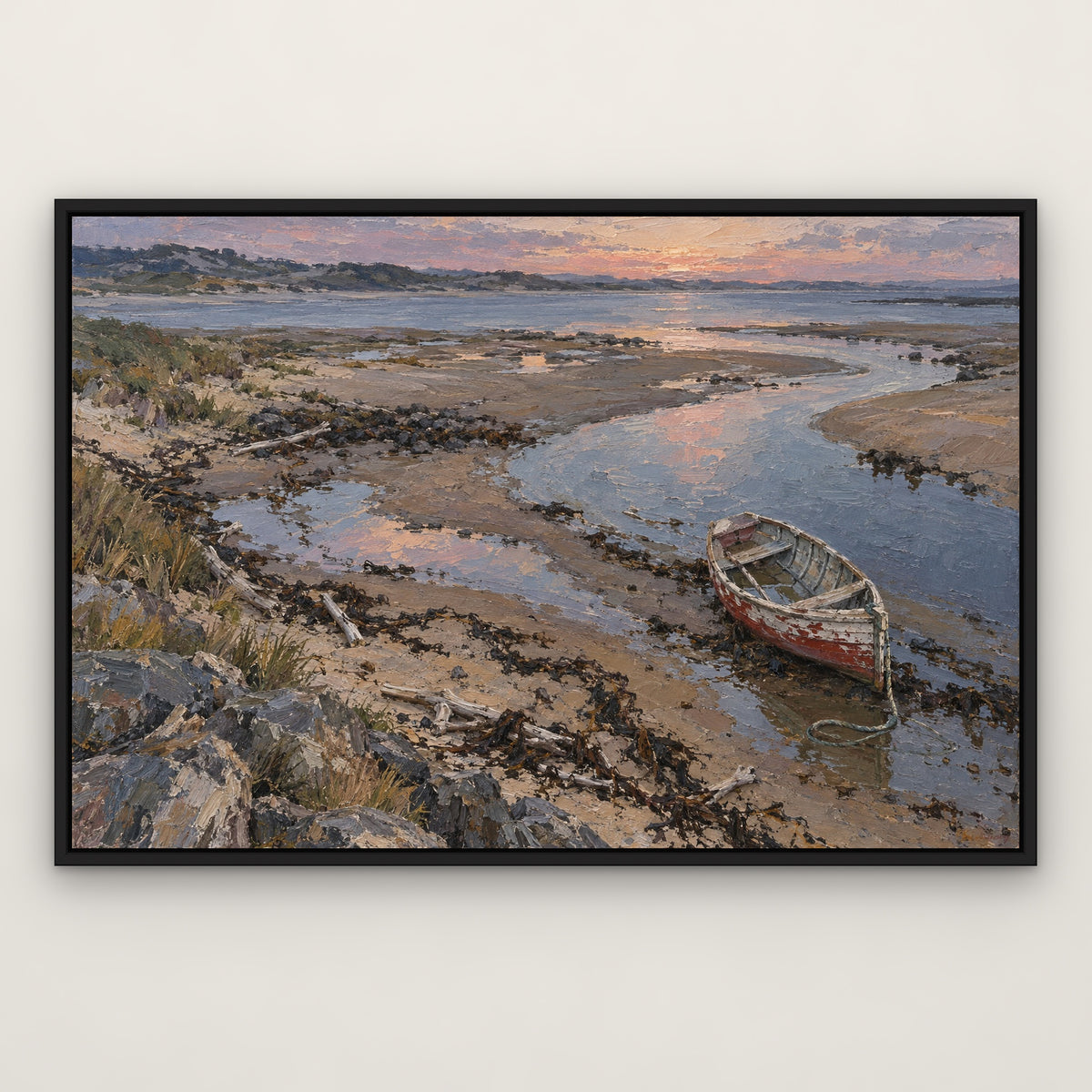 Beached Rowing Boat, blue seascape hand-painted canvas wall art in a slim black float frame – Gallery 23