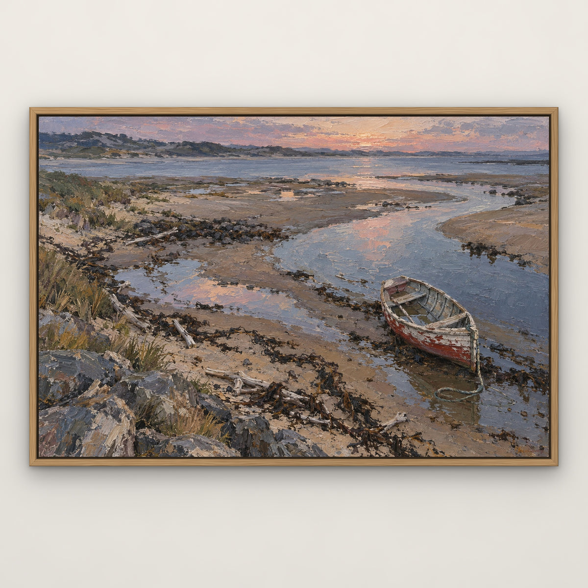 Beached Rowing Boat, blue seascape hand-painted canvas wall art in a slim oak float frame – Gallery 23