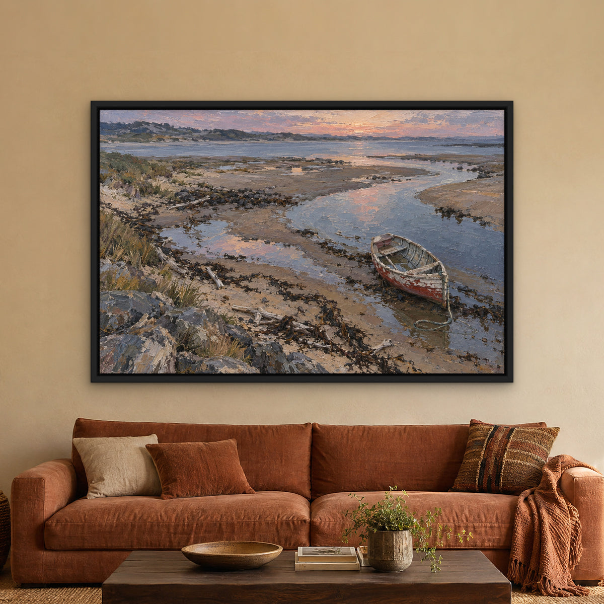 Beached Rowing Boat, blue seascape hand-painted canvas wall art in a living room – Gallery 23