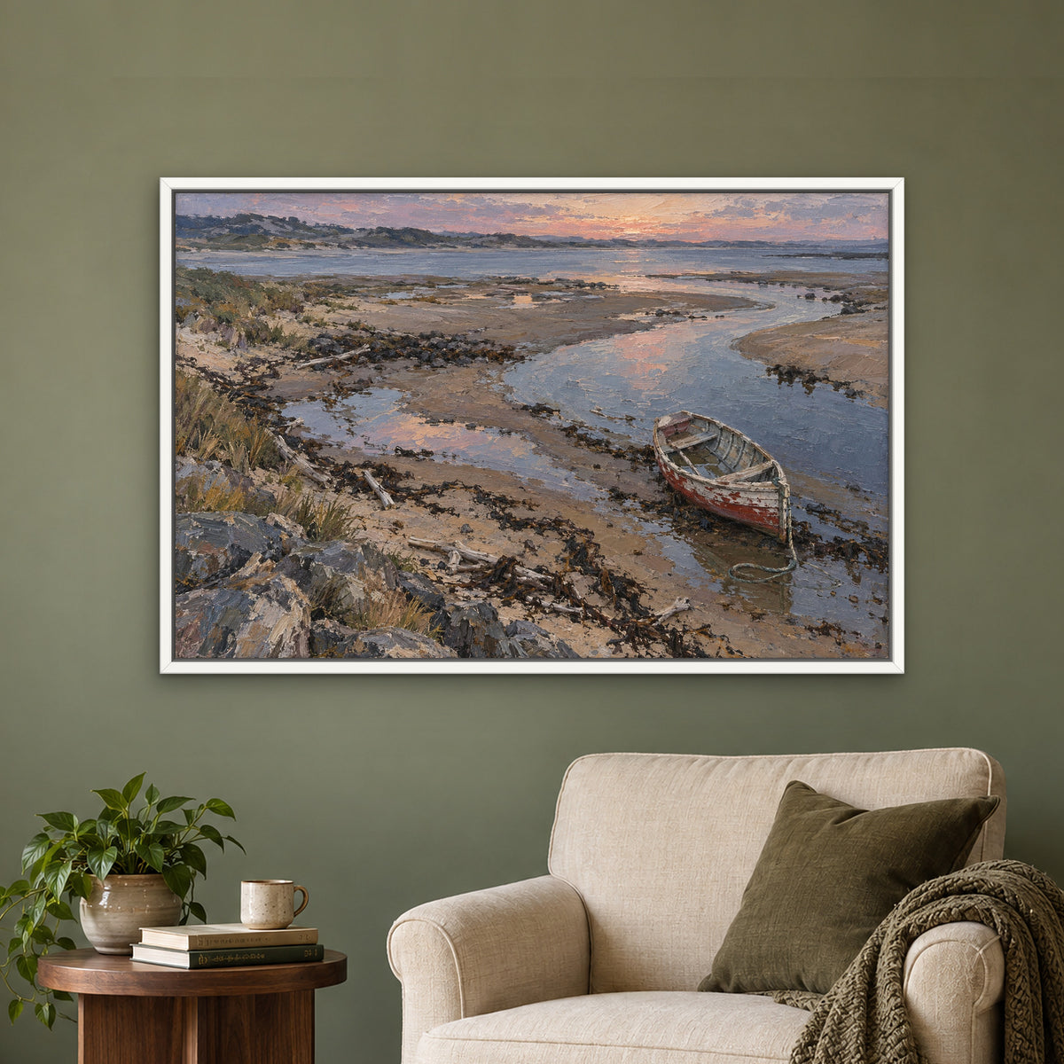 Beached Rowing Boat, blue seascape hand-painted canvas wall art in a reading corner – Gallery 23