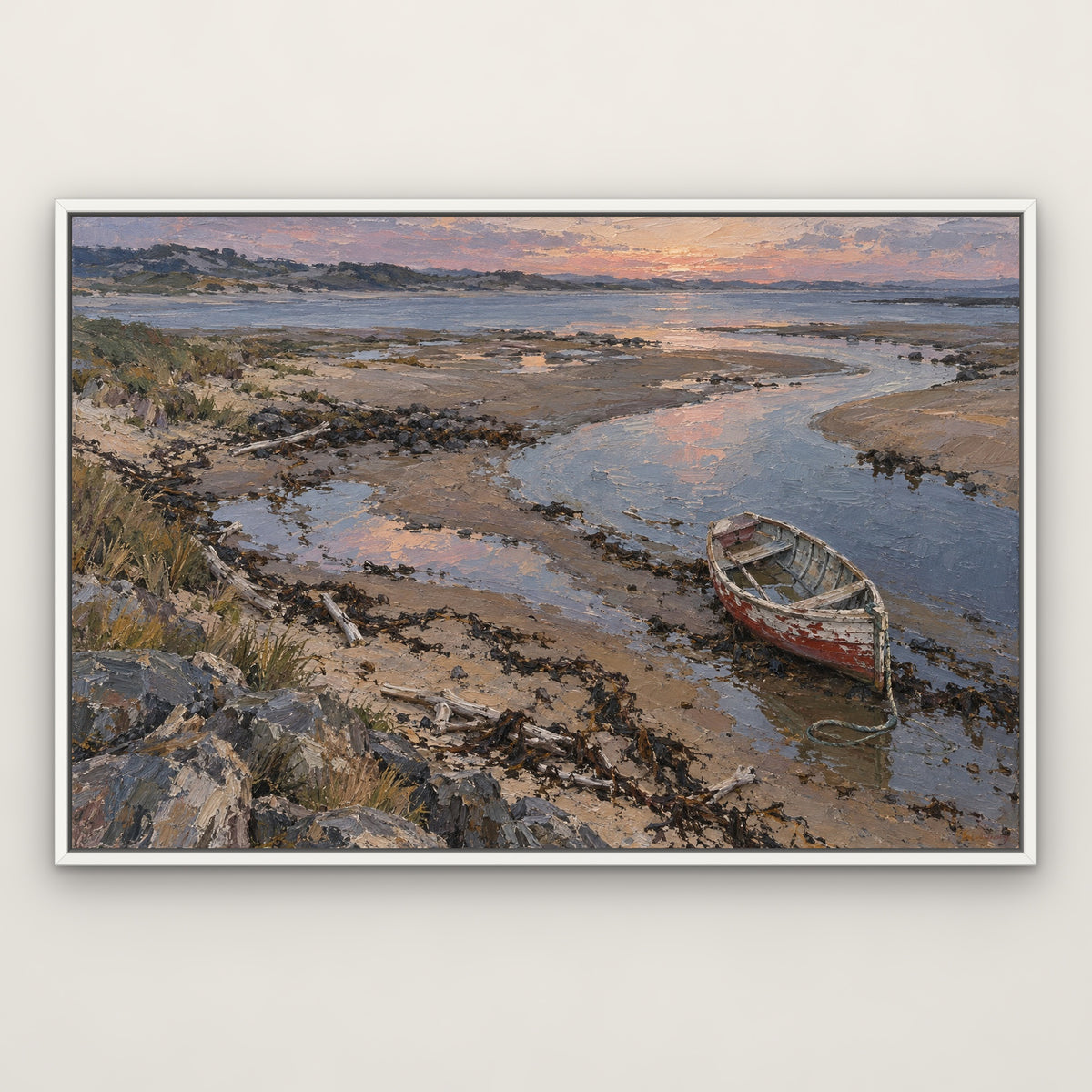 Beached Rowing Boat, blue seascape hand-painted canvas wall art in a slim white float frame – Gallery 23