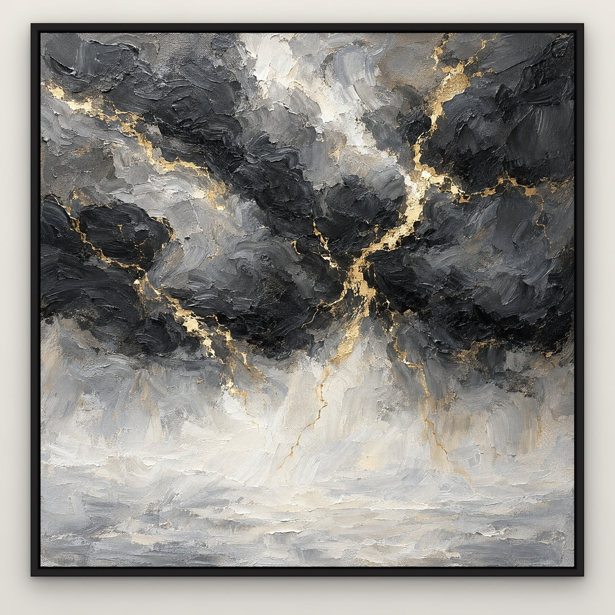 Storm Cloud Gold, black and white abstract hand-painted canvas wall art in a slim black float frame – Gallery 23