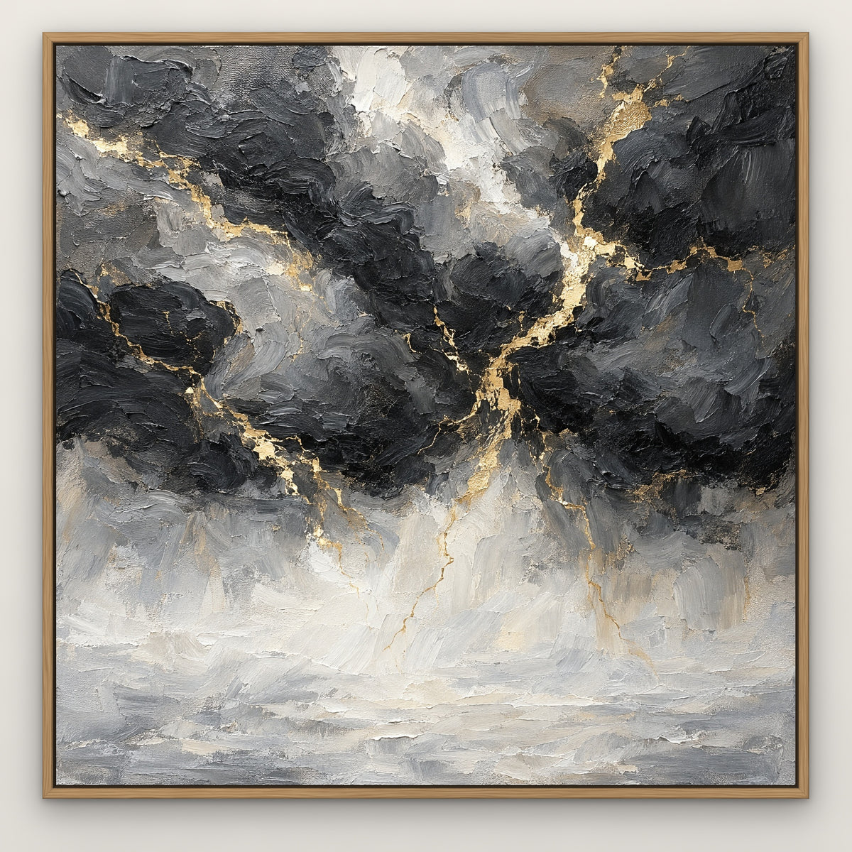 Storm Cloud Gold, black and white abstract hand-painted canvas wall art in a slim oak float frame – Gallery 23