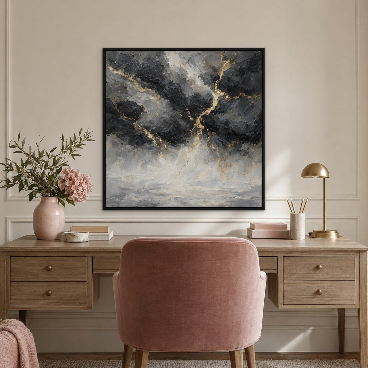Storm Cloud Gold, black and white abstract hand-painted canvas wall art in a home office – Gallery 23