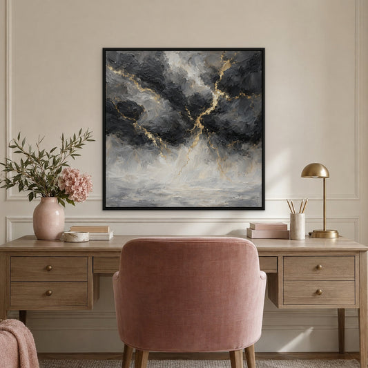 Storm Cloud Gold, black and white abstract hand-painted canvas wall art in a home office – Gallery 23