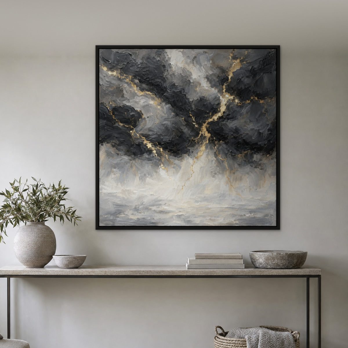 Storm Cloud Gold, black and white abstract hand-painted canvas wall art in a hallway – Gallery 23