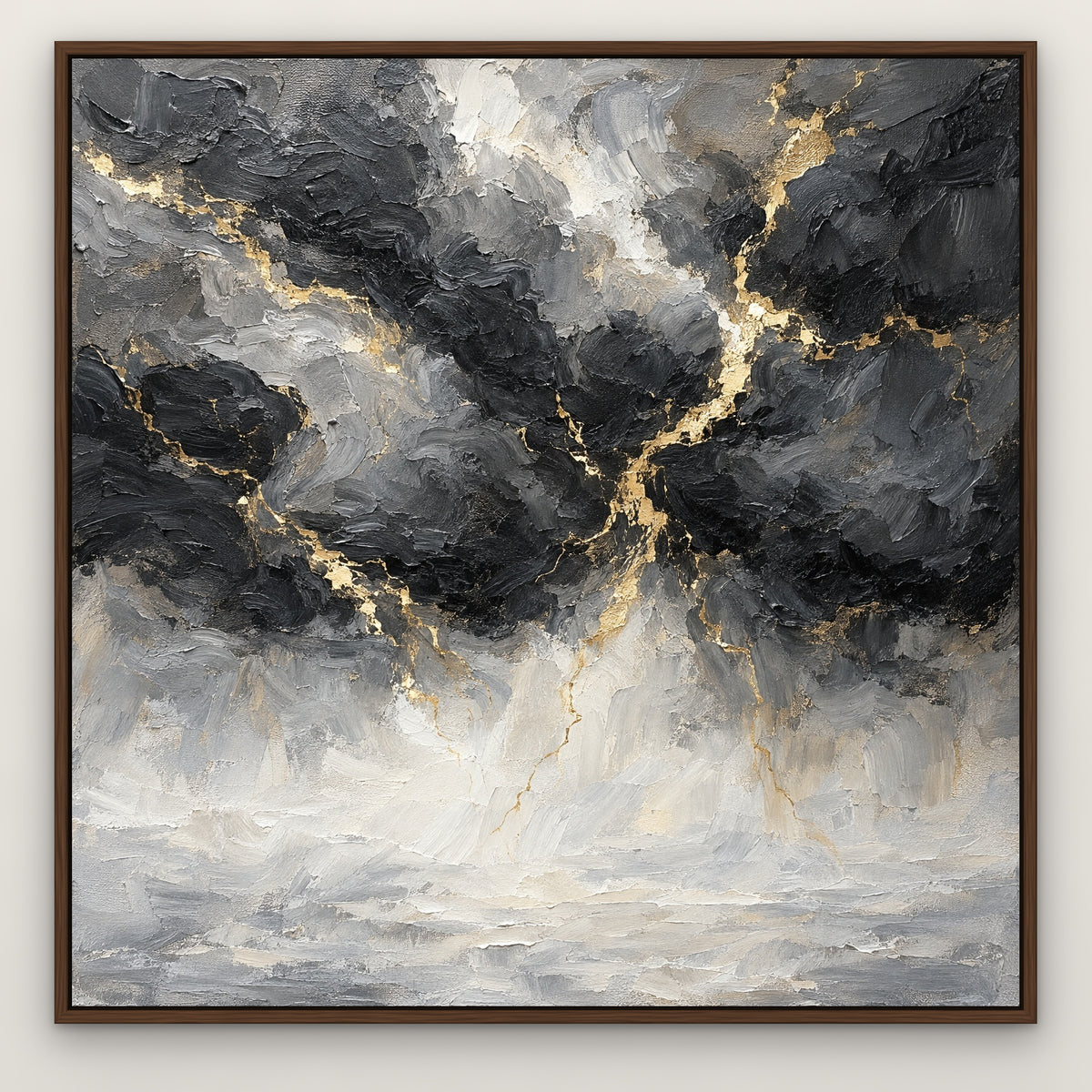 Storm Cloud Gold, black and white abstract hand-painted canvas wall art in a slim walnut float frame – Gallery 23
