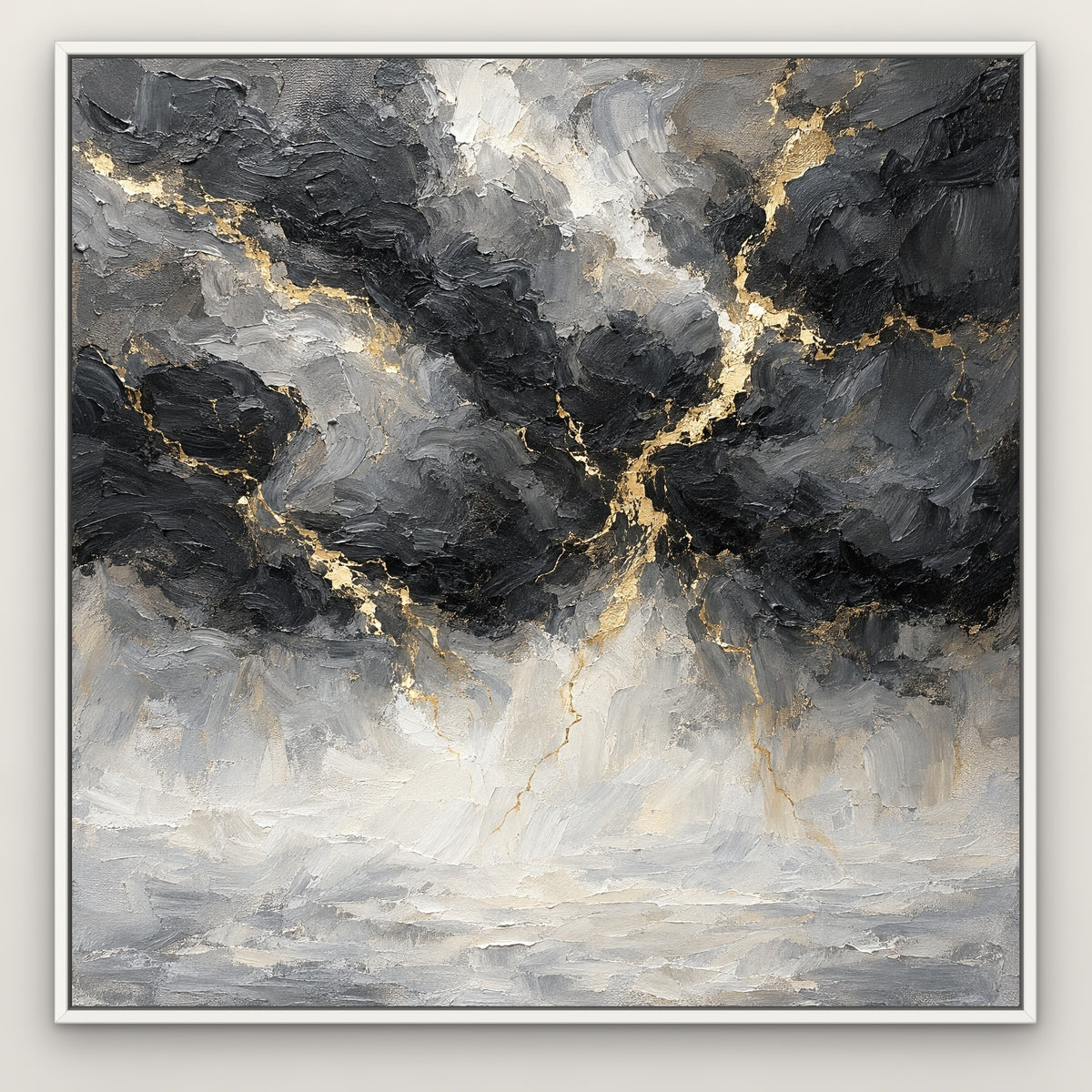 Storm Cloud Gold, black and white abstract hand-painted canvas wall art in a slim white float frame – Gallery 23