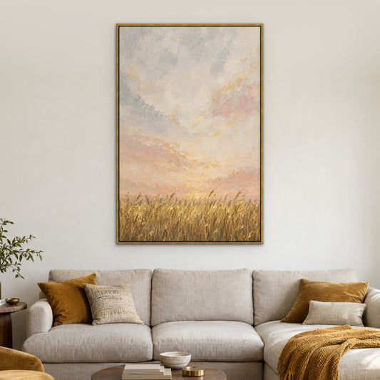 Golden Reed Horizon, blue abstract hand-painted canvas wall art in a living room – Gallery 23