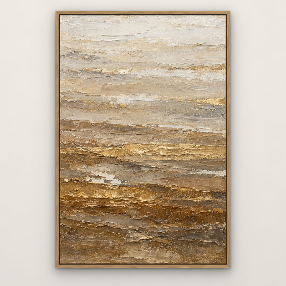 Champagne Strata, brown abstract hand-painted canvas wall art in a slim oak float frame – Gallery 23
