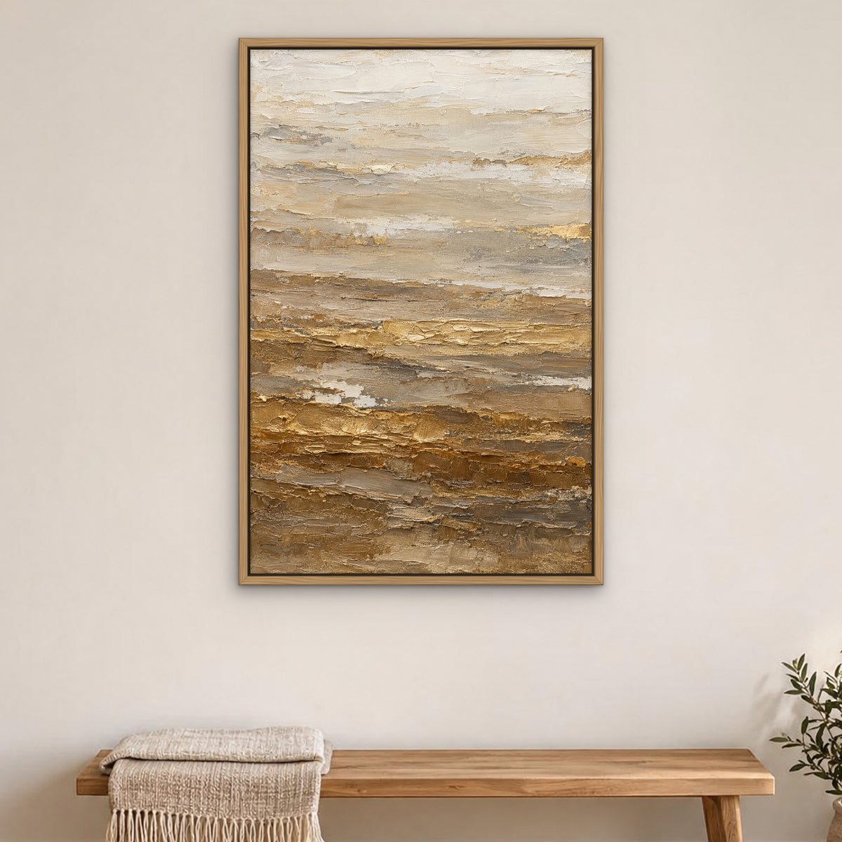 Champagne Strata, brown abstract hand-painted canvas wall art in a bedroom – Gallery 23