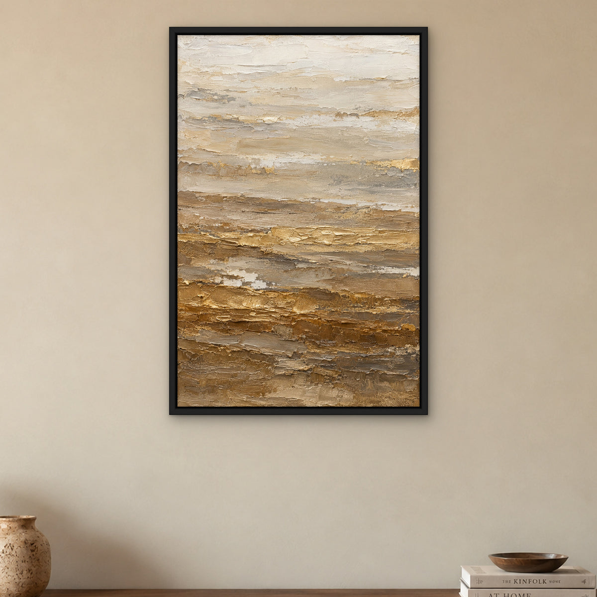 Champagne Strata, brown abstract hand-painted canvas wall art in a dining room – Gallery 23