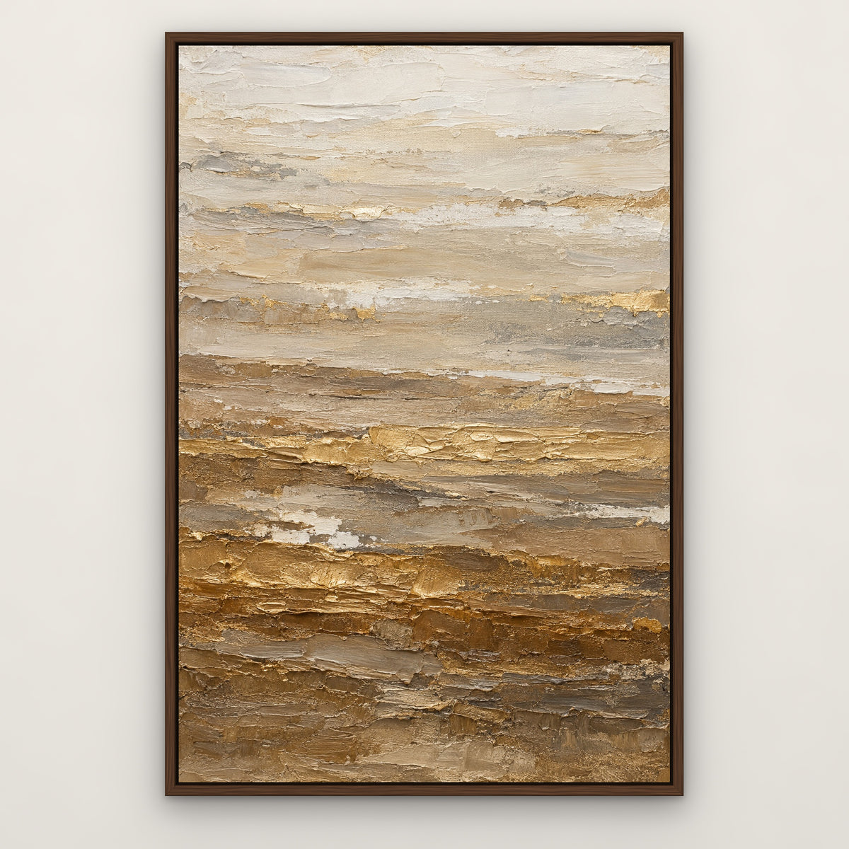 Champagne Strata, brown abstract hand-painted canvas wall art in a slim walnut float frame – Gallery 23