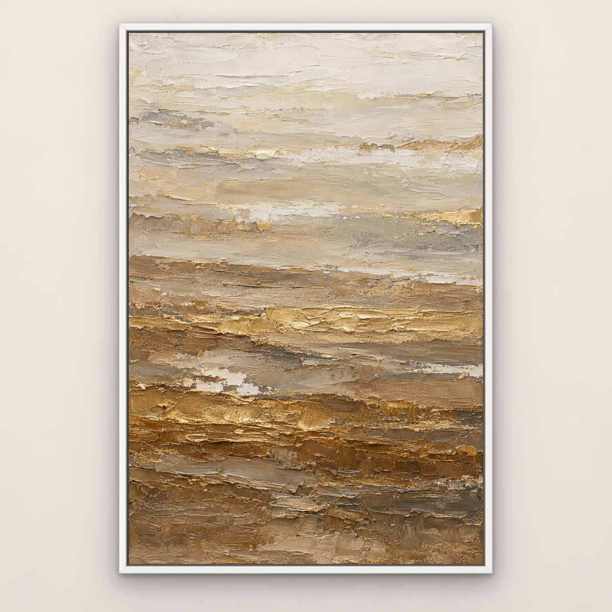 Champagne Strata, brown abstract hand-painted canvas wall art in a slim white float frame – Gallery 23