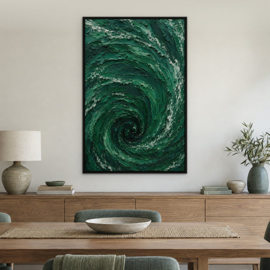 Emerald Tide Relief, green seascape hand-painted canvas wall art in a dining room – Gallery 23