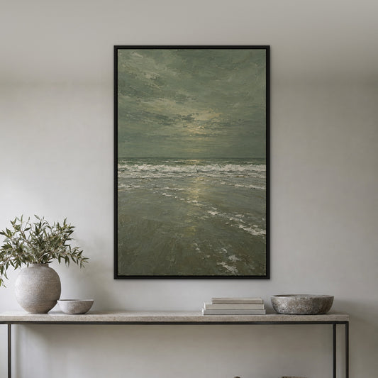 White Surf on Sage, green seascape hand-painted canvas wall art in a hallway – Gallery 23