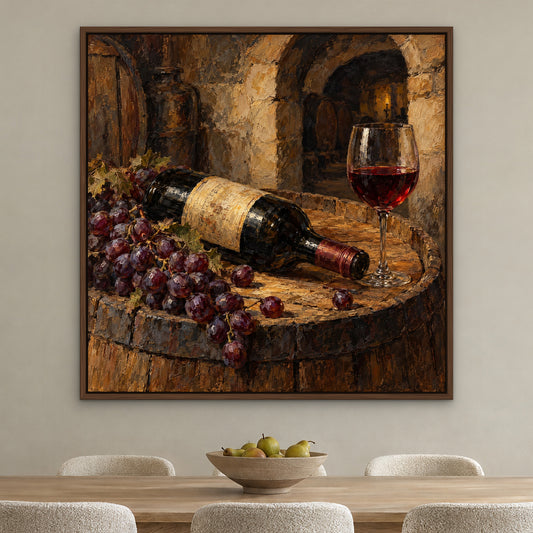 Cellar Vintage, gold still life hand-painted canvas wall art in a dining room – Gallery 23
