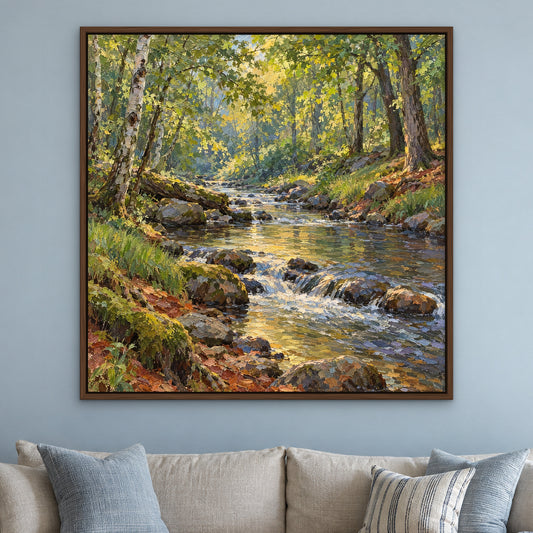 Sunlit Woodland Brook, green landscape hand-painted canvas wall art in a living room – Gallery 23