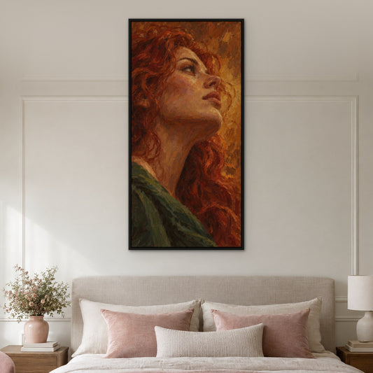 Red-Haired Portrait, colourful abstract hand-painted canvas wall art in a bedroom – Gallery 23