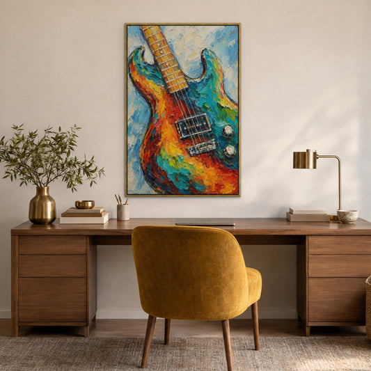 Electric Guitar Body, colourful abstract hand-painted canvas wall art in a home office – Gallery 23