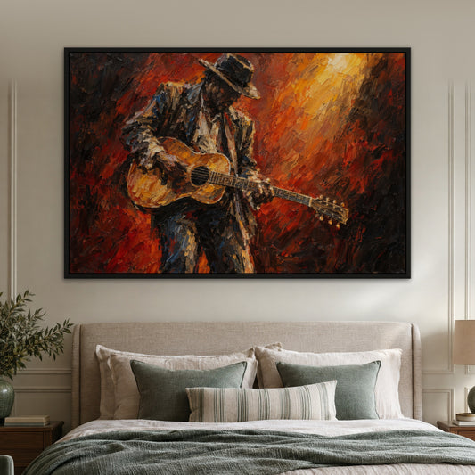Blues Guitarist, red portrait hand-painted canvas wall art in a bedroom – Gallery 23