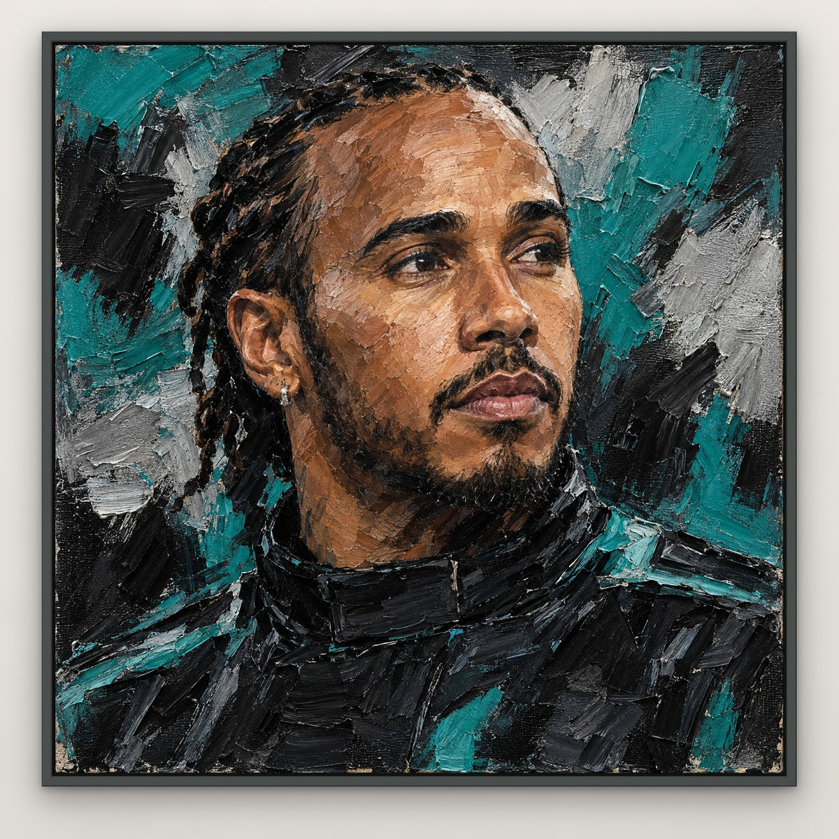 Hamilton, teal portrait hand-painted canvas wall art in a slim dark grey float frame – Gallery 23