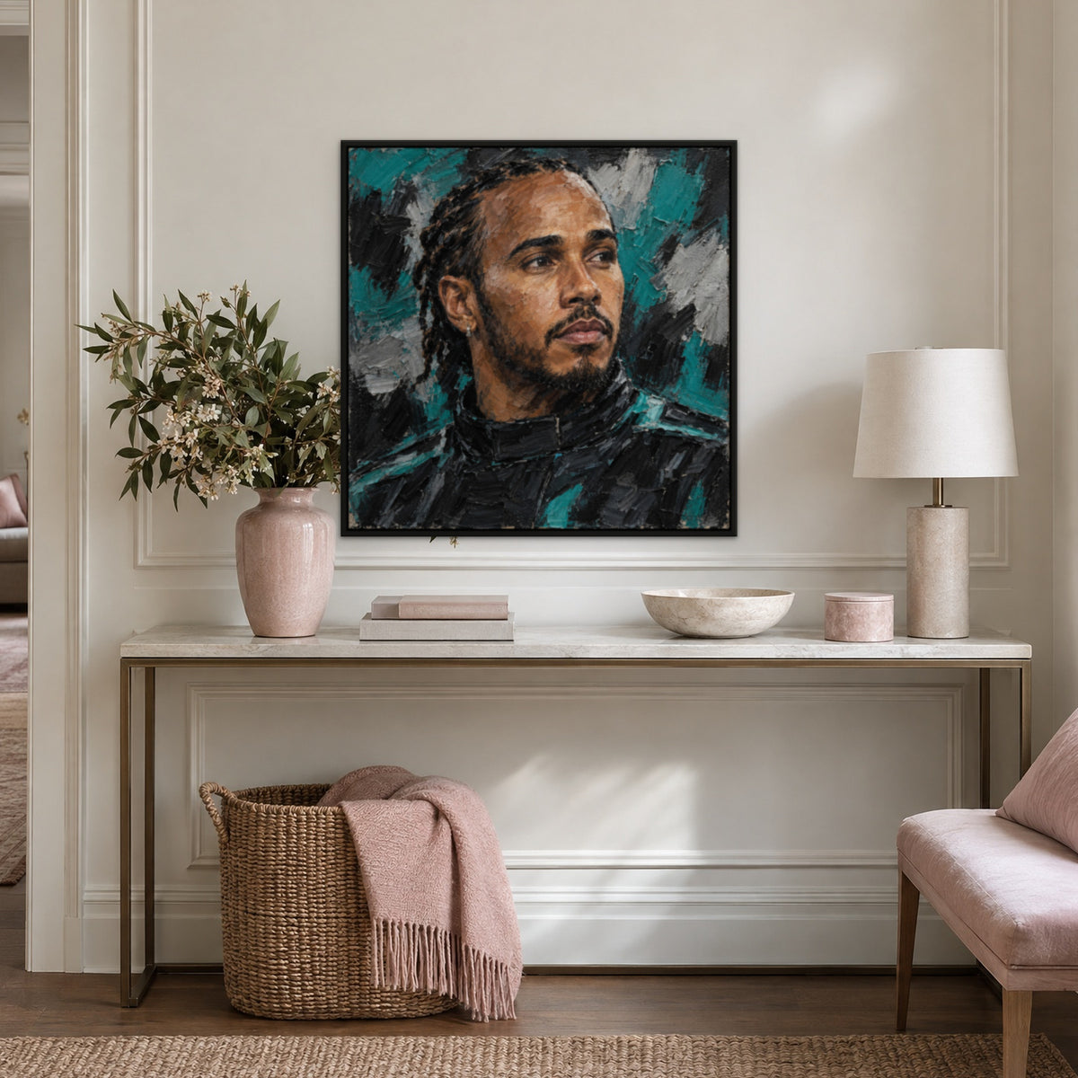 Hamilton, teal portrait hand-painted canvas wall art in a hallway – Gallery 23