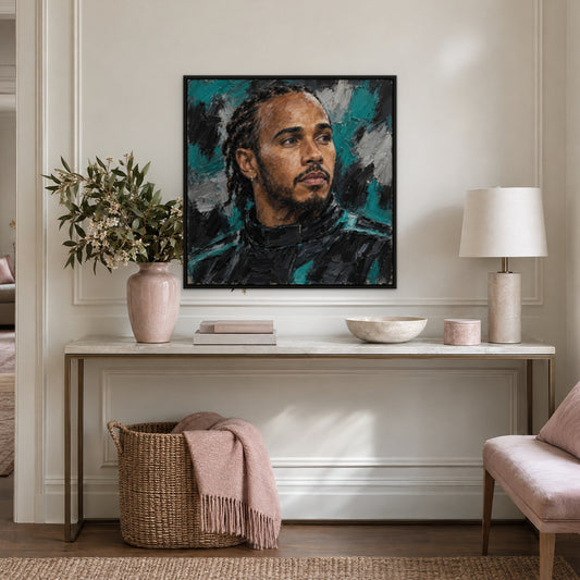 Hamilton, teal portrait hand-painted canvas wall art in a hallway – Gallery 23