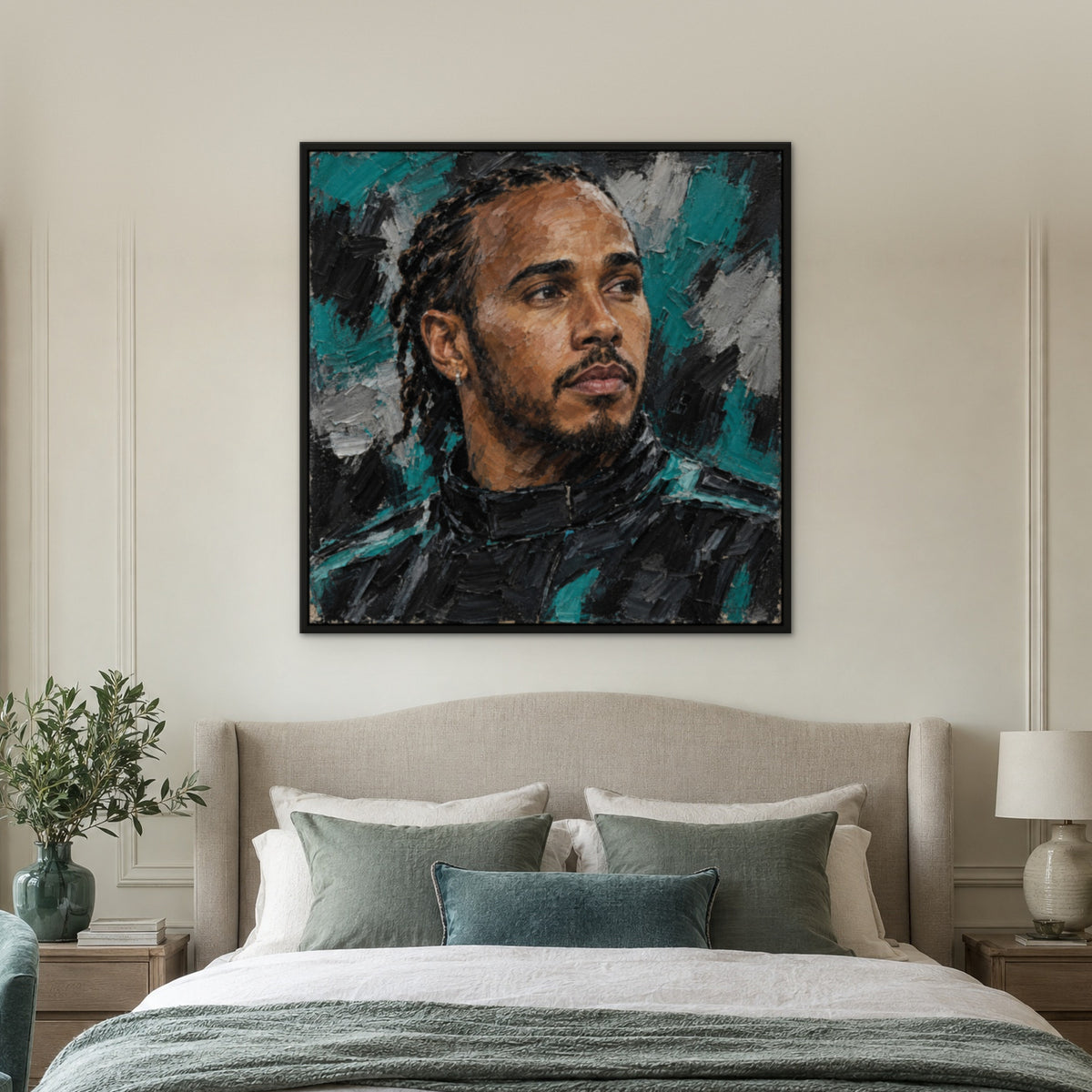 Hamilton, teal portrait hand-painted canvas wall art in a bedroom – Gallery 23