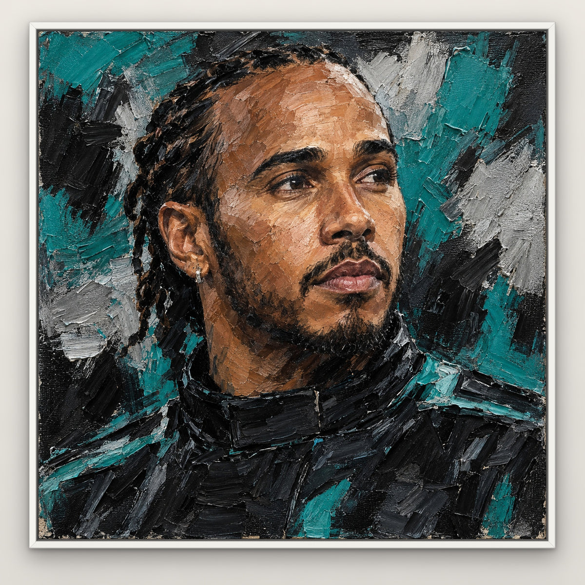 Hamilton, teal portrait hand-painted canvas wall art in a slim white float frame – Gallery 23