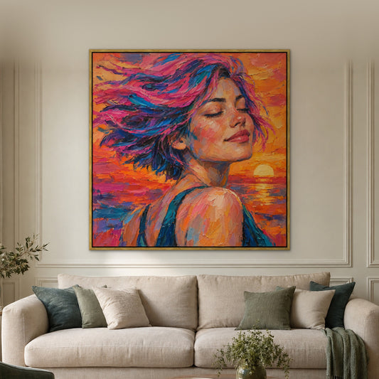 Neon Windswept, colourful abstract hand-painted canvas wall art in a living room – Gallery 23